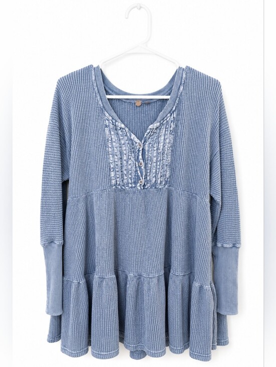 Free People Tops - Free People Sky Blue Waffle Knit Peplum Henley Tunic